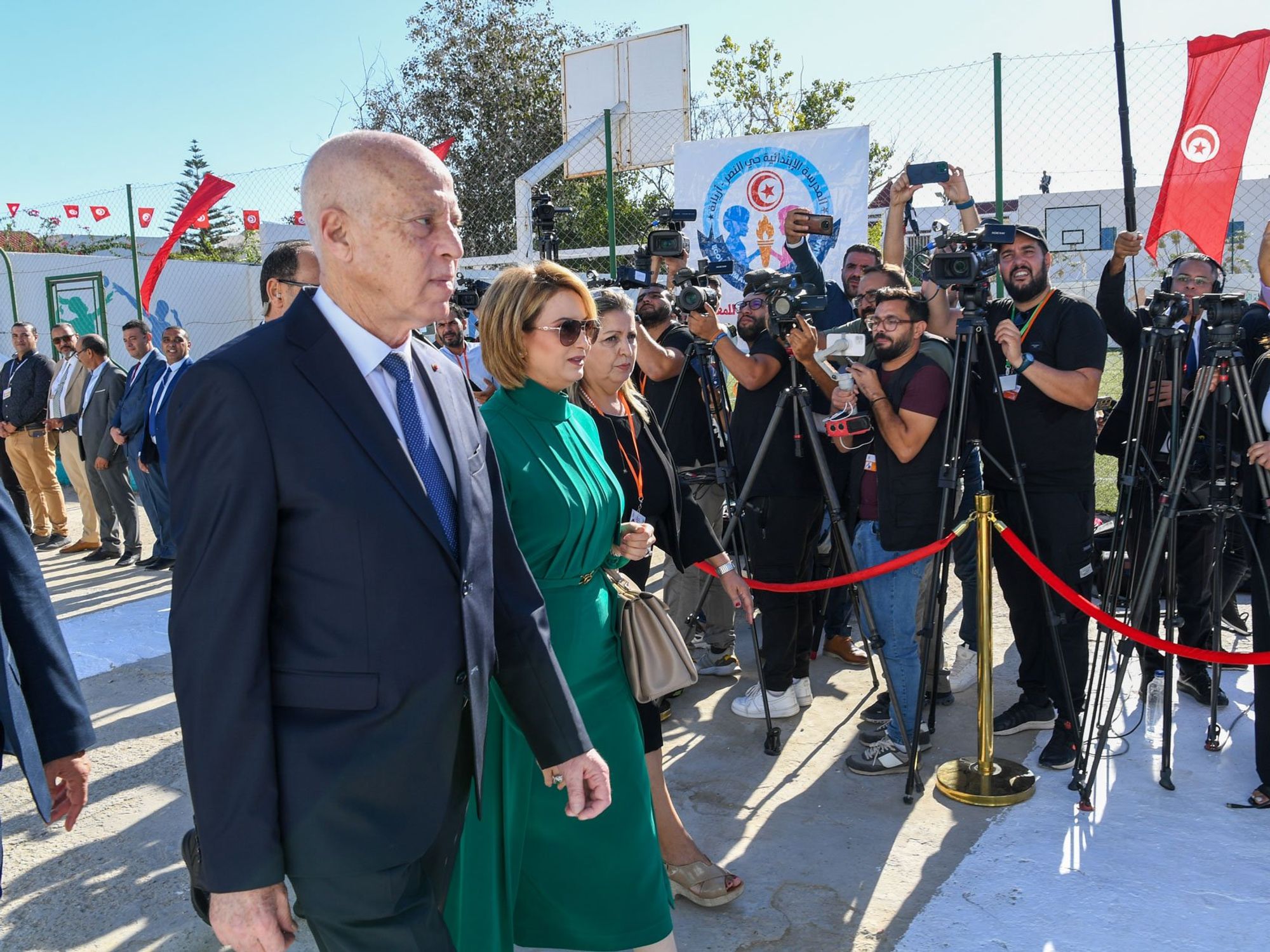 Photo of ​Tunisian President Kais Saied and his wife Ichraf Chebil on election day in Tunis