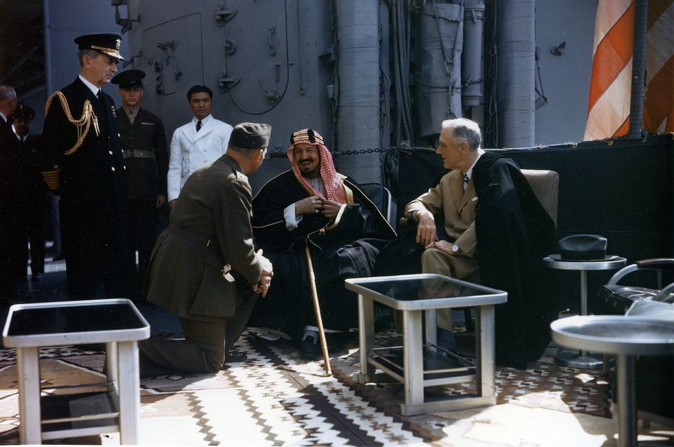 Photo of ​U.S. President Franklin D. Roosevelt meeting with King Ibn Saud, of Saudi Arabia, on board the U.S. Navy heavy cruiser USS Quincy in the Great Bitter Lake, Egypt, on Feb. 14, 1945.