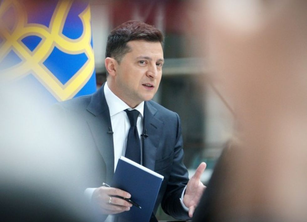 Photo of ​Ukrainian President Volodymyr Zelensky speaking at a news conference in Kiev, Ukraine