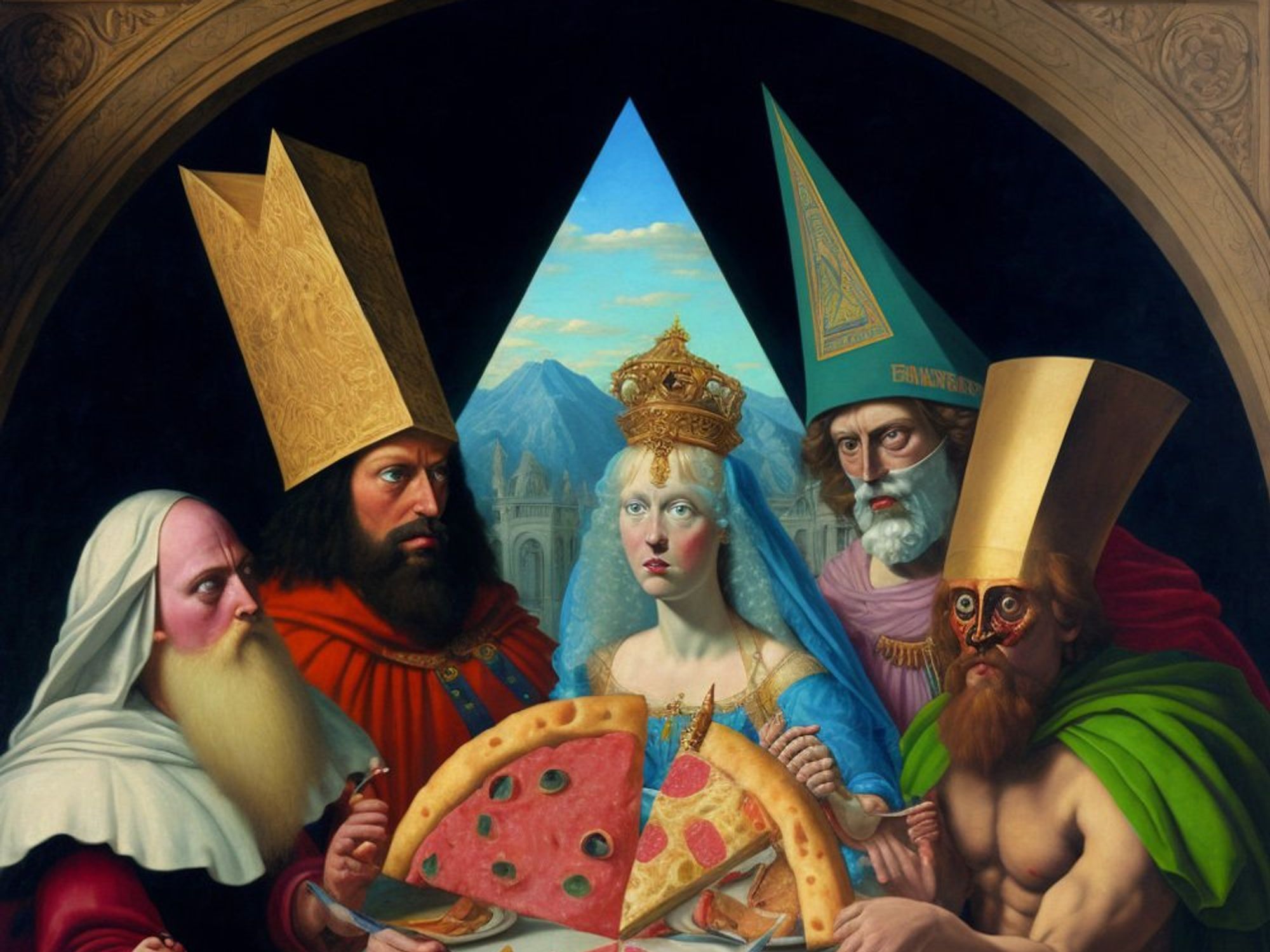 Photo of “An oil painting of Illuminati eating with princesses, and masked men, strange rite, quirky, daggers, hyper realistic, Van Eyck, Leonardo, Raphael, Pontormo, strong colors, surreal, Magritte, maya, aztecs.”