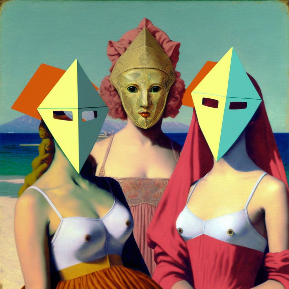 Photo of “The oil painting of a masked girl posse, in the spring, with fractal platonic solids, in 1890, reminding of Hockney, metaphysics, geometric, fractal, with a touch of Ingres, symbolism, academia painting, old masters, De Chirico, trigonometry”