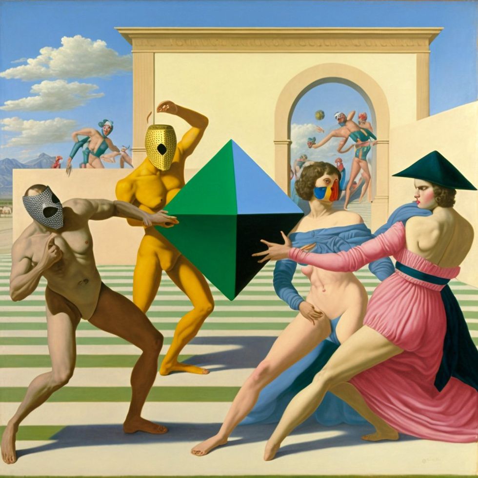 Photo of “The oil painting of a showdown between noble ladies and masked men, spring breakers, platonic solids, in 1890, metaphysic, geometric, fractal, in the style of Ingres and Bouguereau, symbolist, academia painting, old masters, weird, high lights.”
