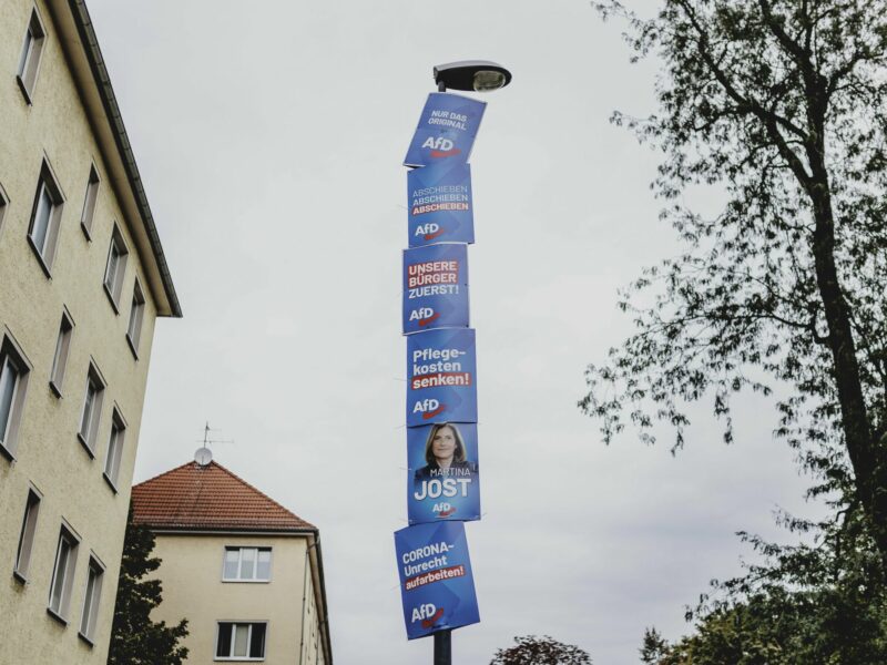 Photo of election posters of the AfD hanging on a lamppost in Germany