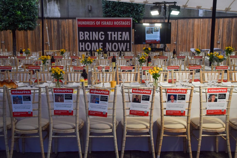 Photo of empty table installation in London for the Israeli hostages held by Hamas