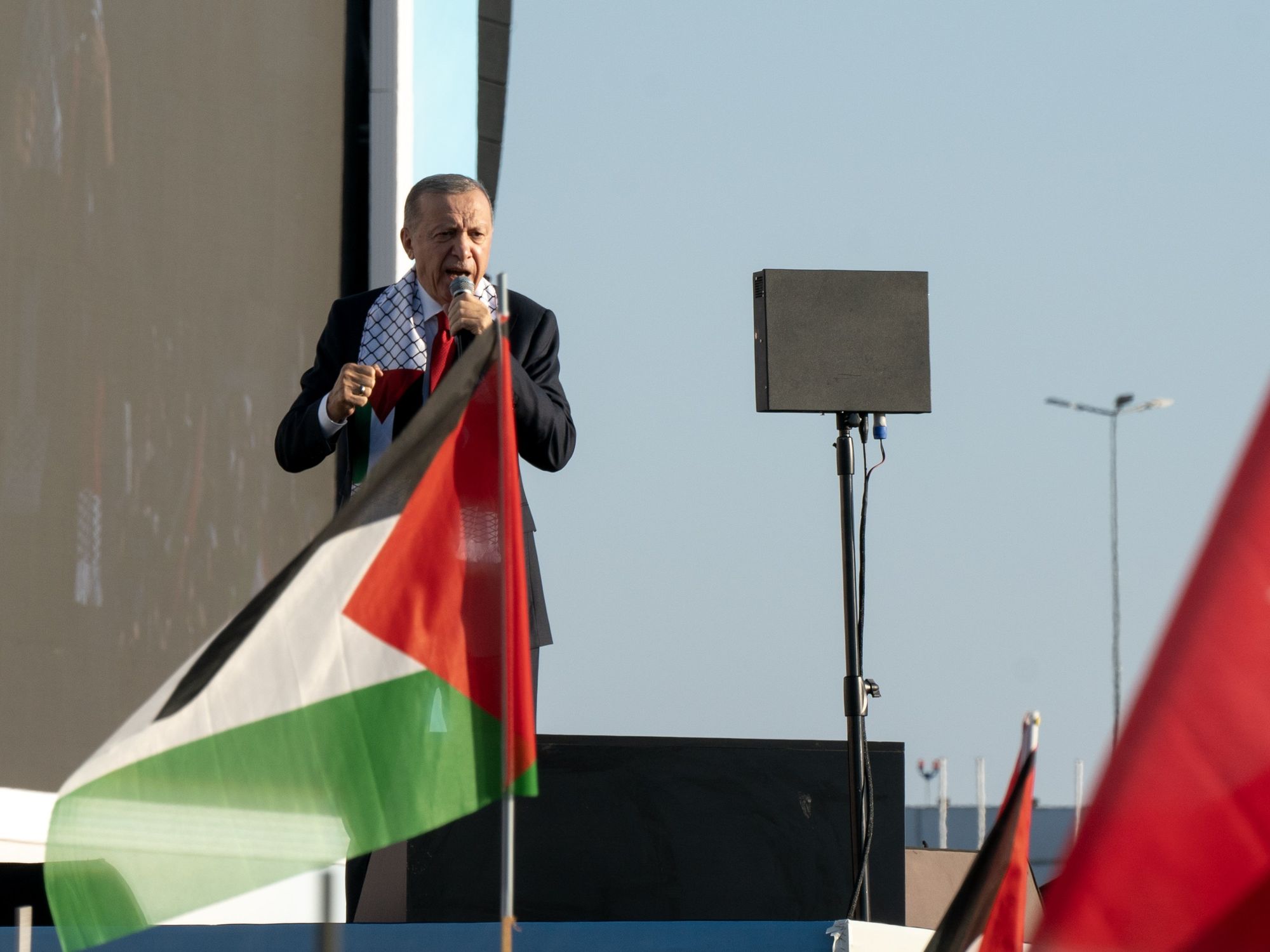 photo of Erdogan speaking with a palestinian flag