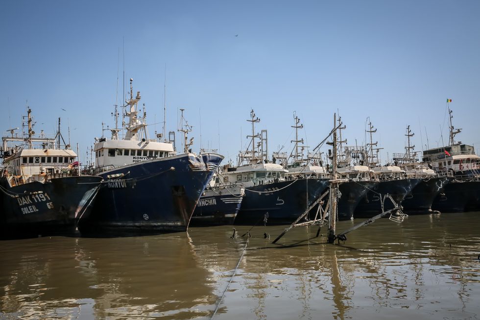 Photo of foreign industrial fishing vessels lined up at the Mole 10 fishing harbour in Dakar.