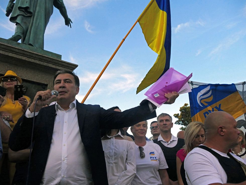 Photo of former Georgian President Mikheil Saakashvili speaking to voters at the Duke of Richelieu monument, Odessa,