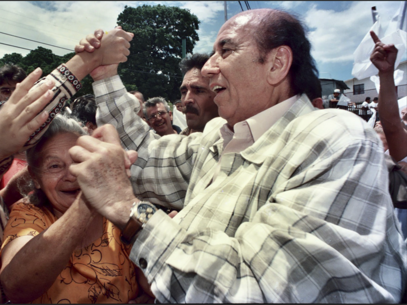 Photo of former Venezuelan President Carlos Andres Perez greeted by supporters in Tachira, Venezuela.