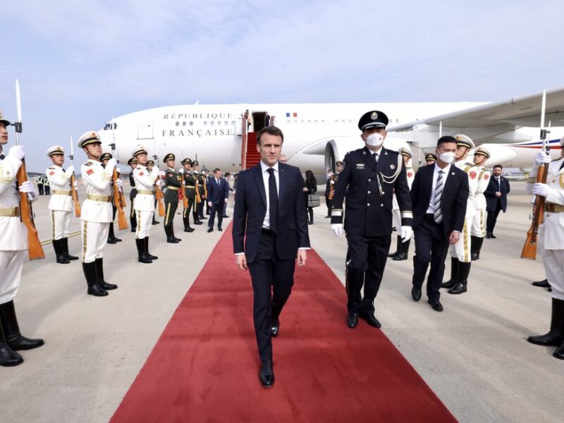 Photo of French president Emmanuel Macron arriving in Beijing
