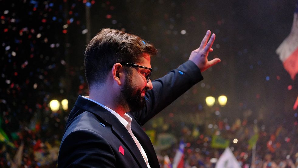 Photo of Gabriel Boric giving his victory speech at 2021 Chile Presidential Election.