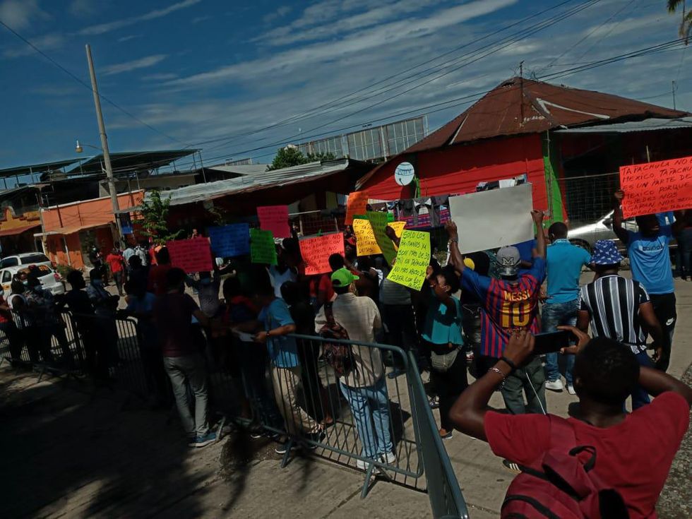 Photo of Haitians demonstrating in the streets of Tapachula, Mexico