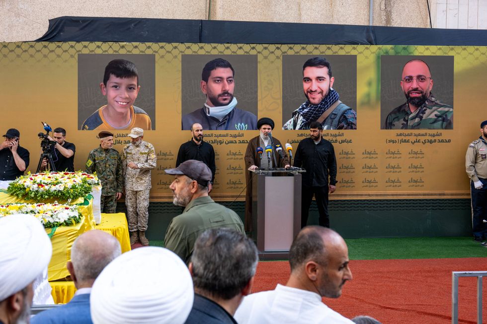 Photo of Hashim Safieddine delivering a speech during funeral organized by Hezbollah for four victims killed in the explosions of pagers, in a suburb in southern Beirut, on Sept. 18