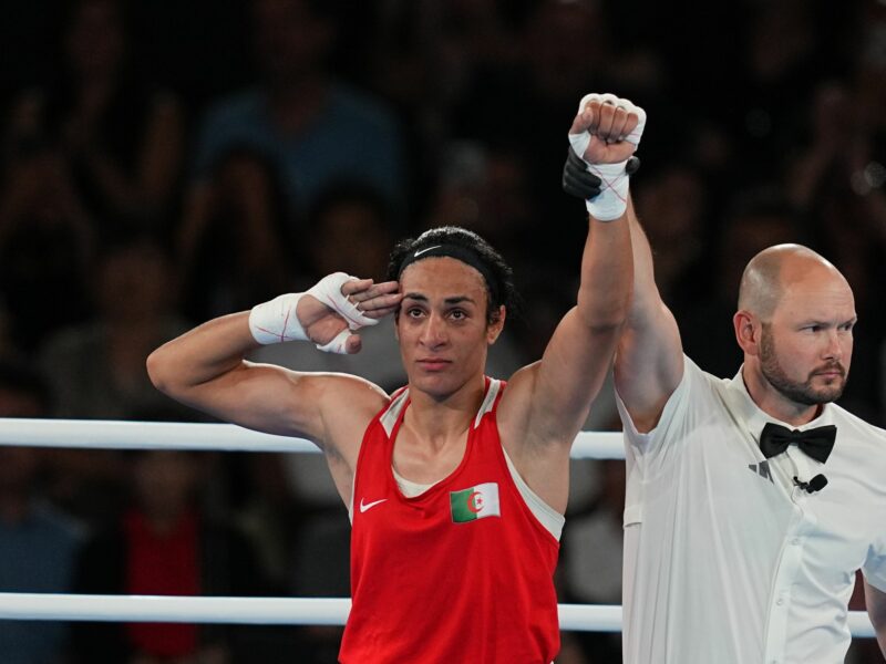 Photo of Imane Khelif celebrating gold win at the Olympic Games in Paris