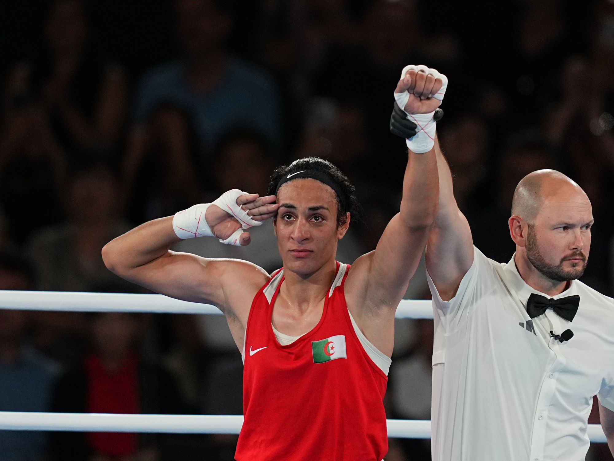 Photo of Imane Khelif celebrating gold win at the Olympic Games in Paris