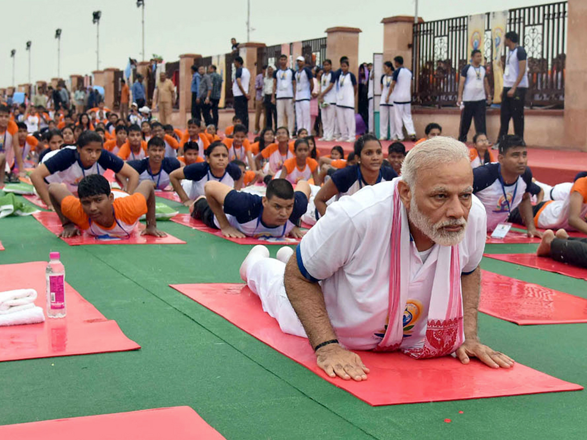 Photo of Indian Prime Minister Narendra Modi participating in a mass yoga demonstration during the International Yoga Day in Lucknow, India