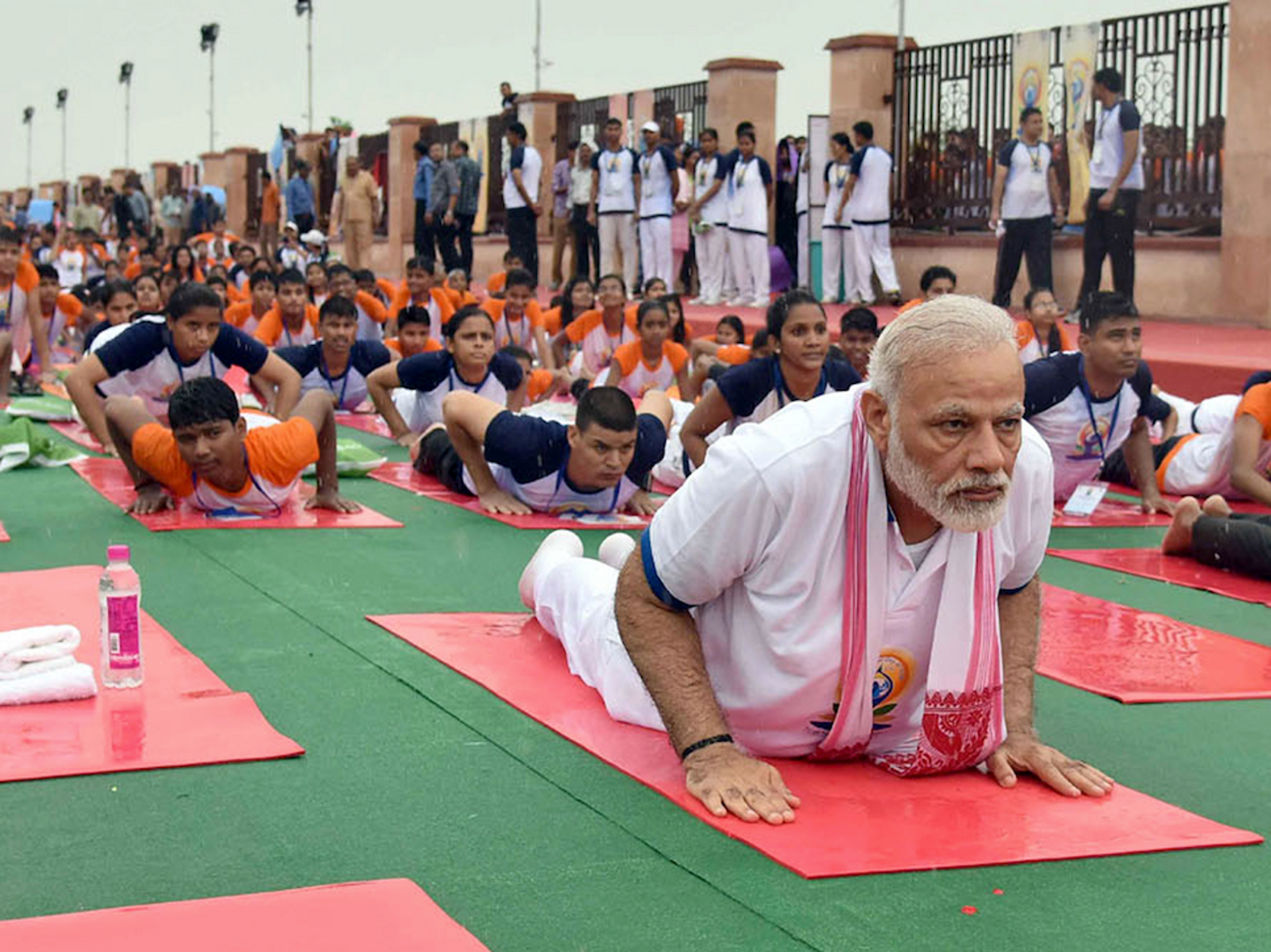 Photo of Indian Prime Minister Narendra Modi participating in a mass yoga demonstration during the International Yoga Day in Lucknow, India