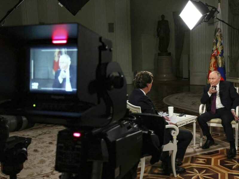 Photo of interview set as Russian President Vladimir Putin is interviewed by U.S. TV personality Tucker Carlson at the Kremlin on Feb. 8, 2024