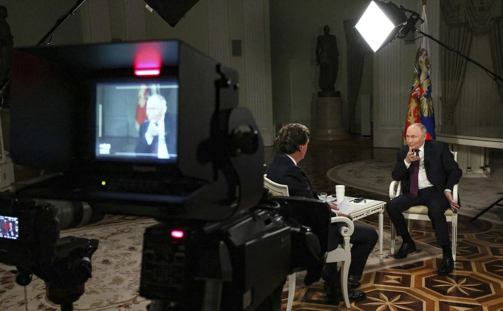 Photo of interview set as Russian President Vladimir Putin is interviewed by U.S. TV personality Tucker Carlson at the Kremlin on Feb. 8, 2024