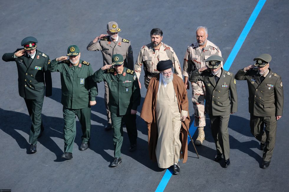Photo of Iran's Supreme Leader Ayatollah Ali Khamenei reviewing troops in Tehran on Oct. 10