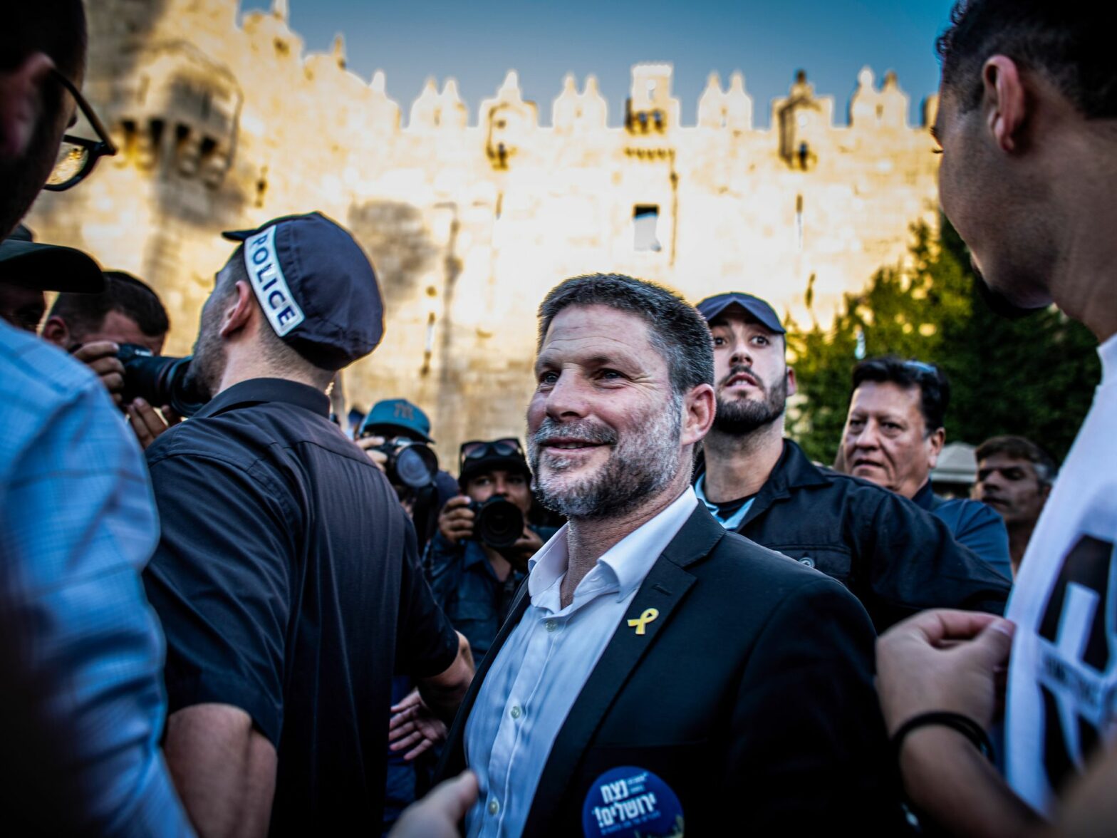 Photo of Israeli Minister of Finance Bezalel Smotrich in a crowd in Jerusalem.