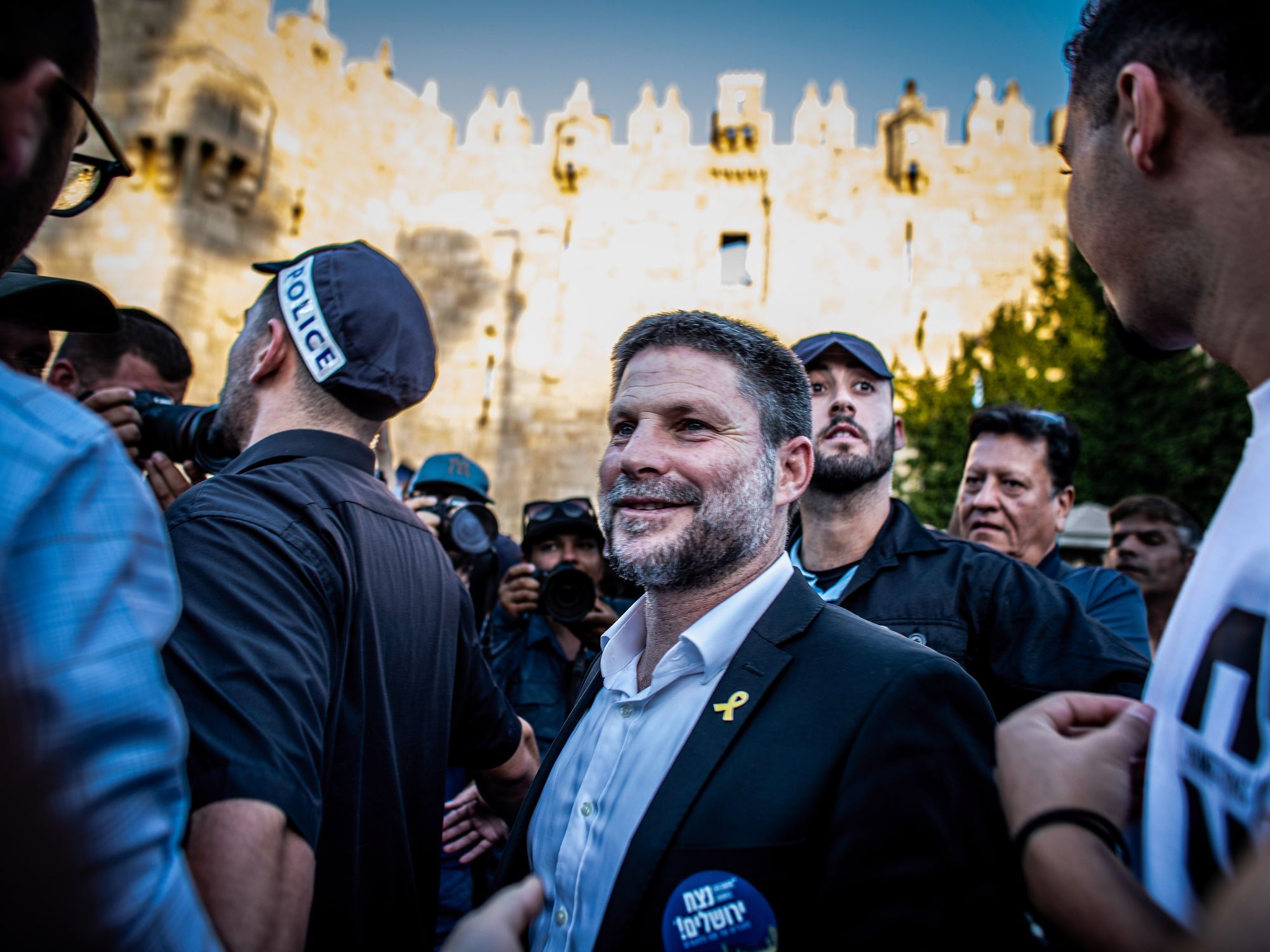 Photo of Israeli Minister of Finance Bezalel Smotrich in a crowd in Jerusalem.