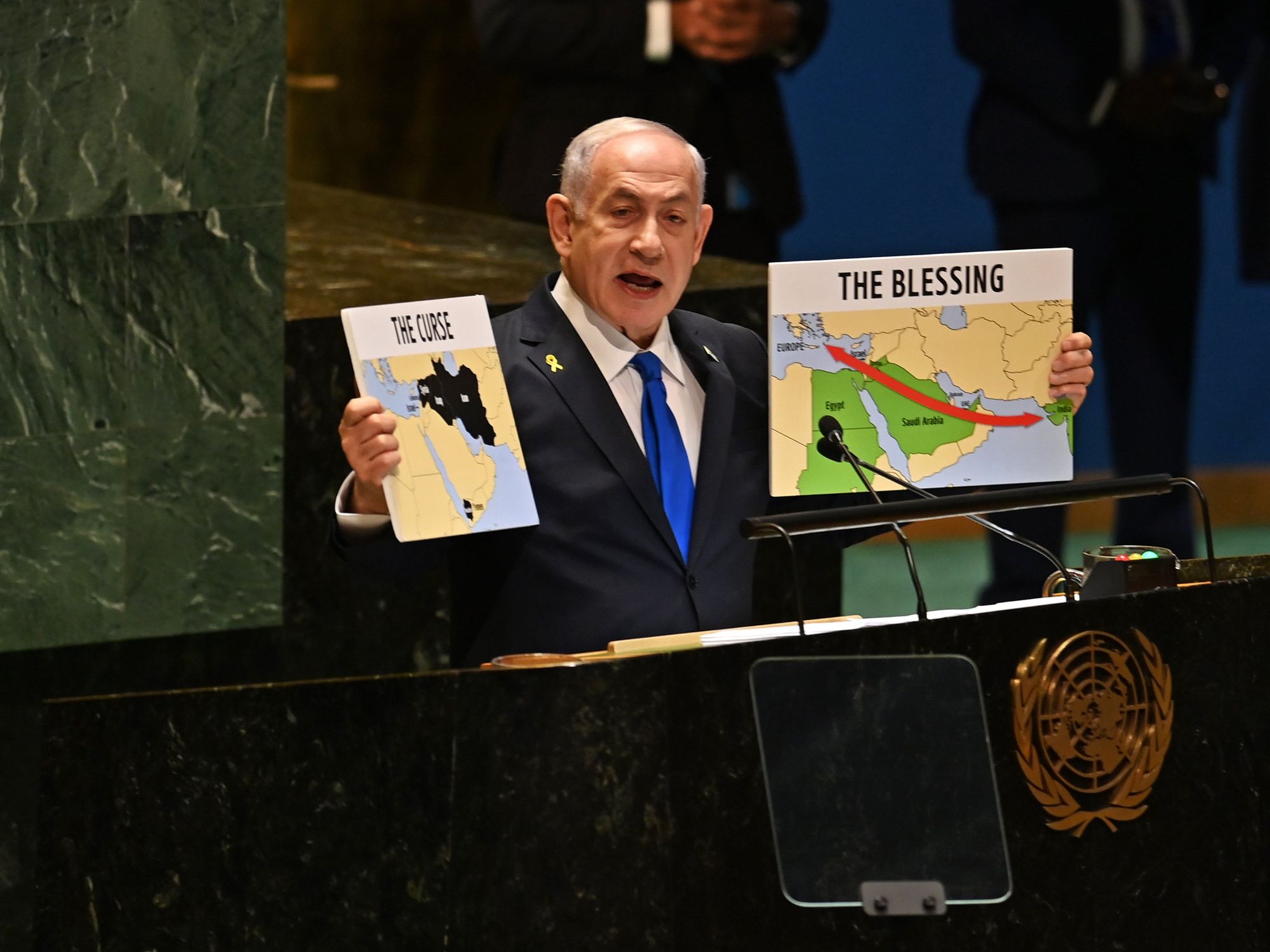 Photo of Israel's Prime Minister Benjamin Netanyahu speaking at the UN General Assembly in New York on Sept. 27.