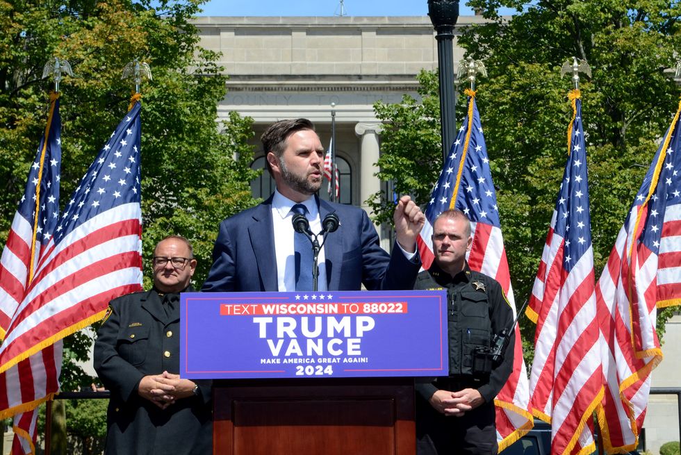 Photo of J.D. Vance speaking at an event in Kenosha, Wisconsin, on Aug. 20