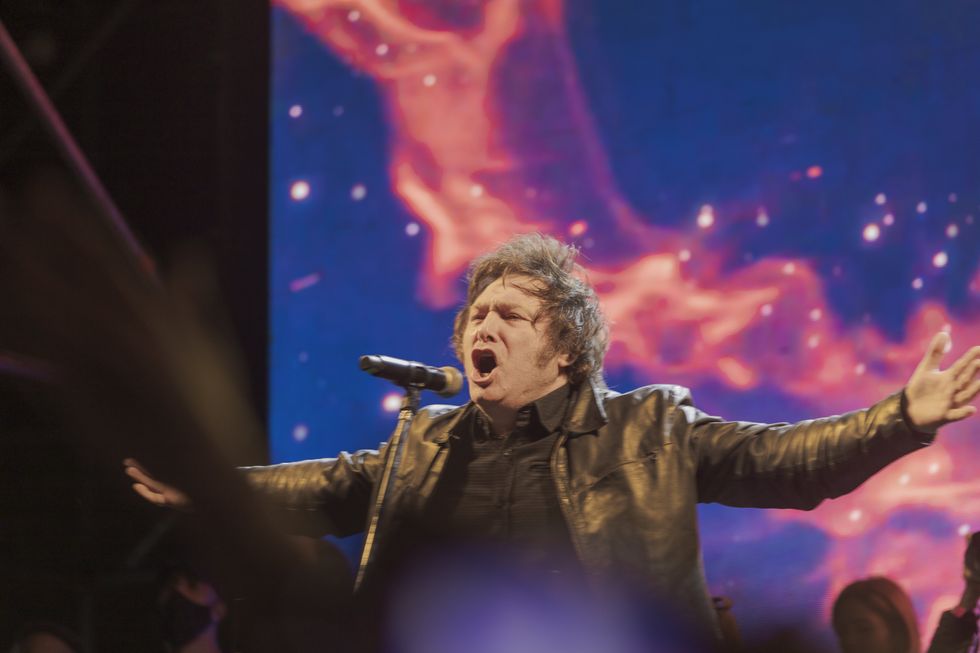 Photo of Javier Milei giving a speech in Buenos Aires.