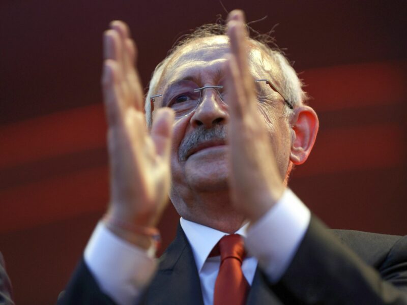 Photo of Kemal Kilicdaroglu applauding during campaign event in Antalya, Turkey, 7 May 2023.