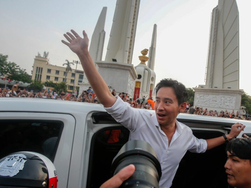 Photo of Leader of Thailand's Move Forward Party, Pita Limjaroenrat, celebrating election results in Bangkok on May 14.