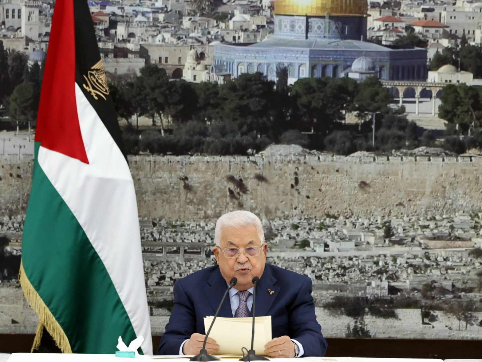 Photo of Mahmoud Abbas speaking into microphone