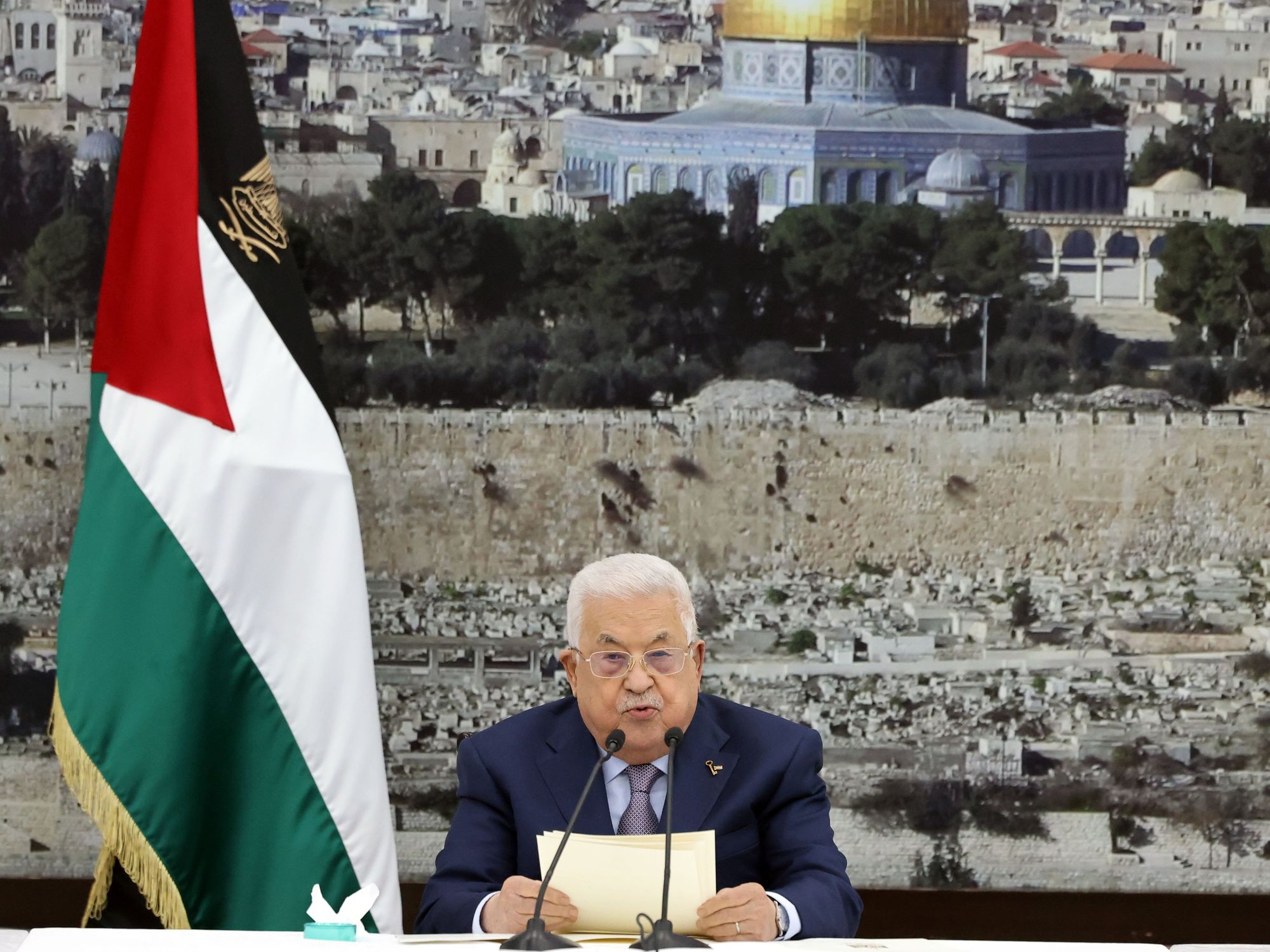 Photo of Mahmoud Abbas speaking into microphone