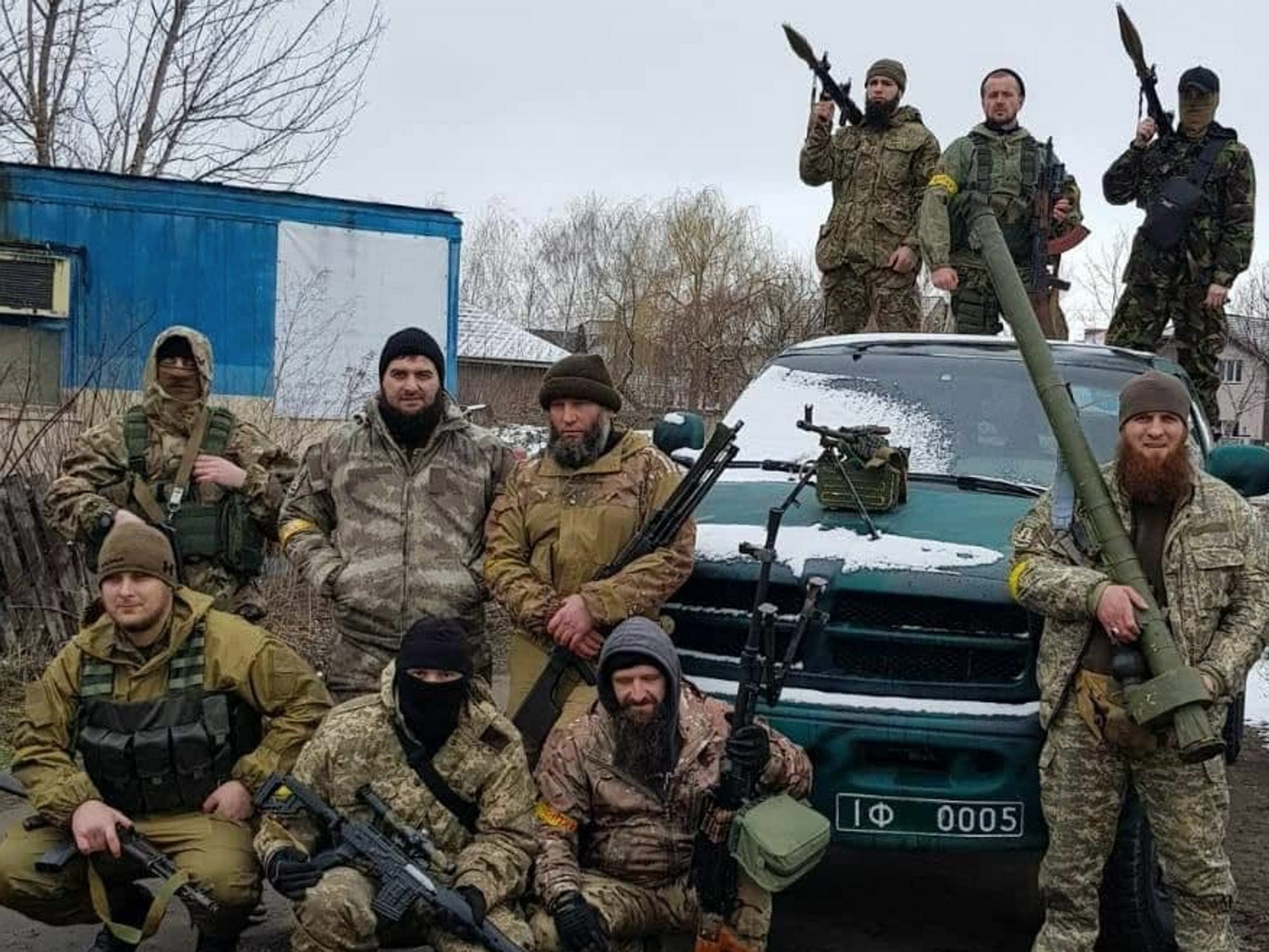Photo of members of the pro-Ukrainian Chechen group "Dzhokhar Dudayev Battalion" posing with weapons