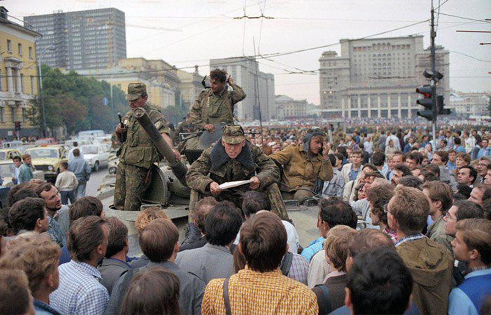 Photo of Military equipment on Manezhnaya Square during the August 1991 coup