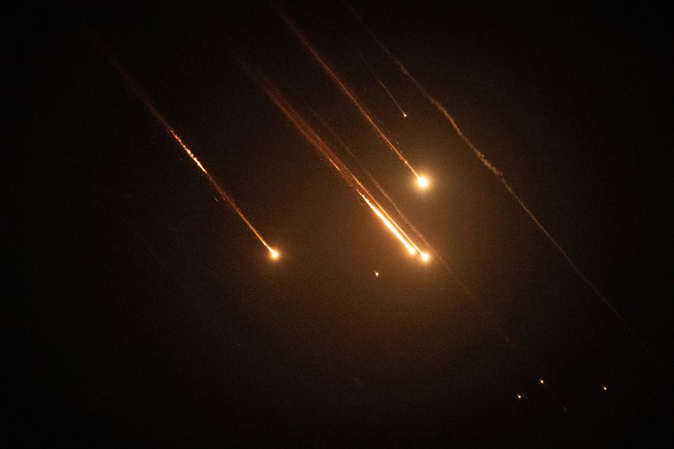 Photo of missiles shot from Iran intercepted by Israel in the night sky above Jerusalem, on Oct. 1.