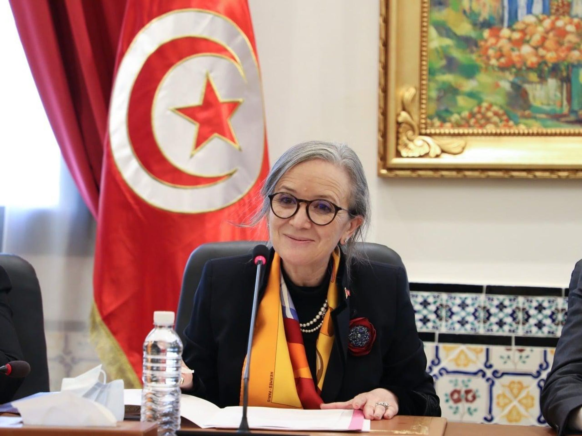 Photo of Najla Bouden in front of a Tunisia flag speaking at a microphone