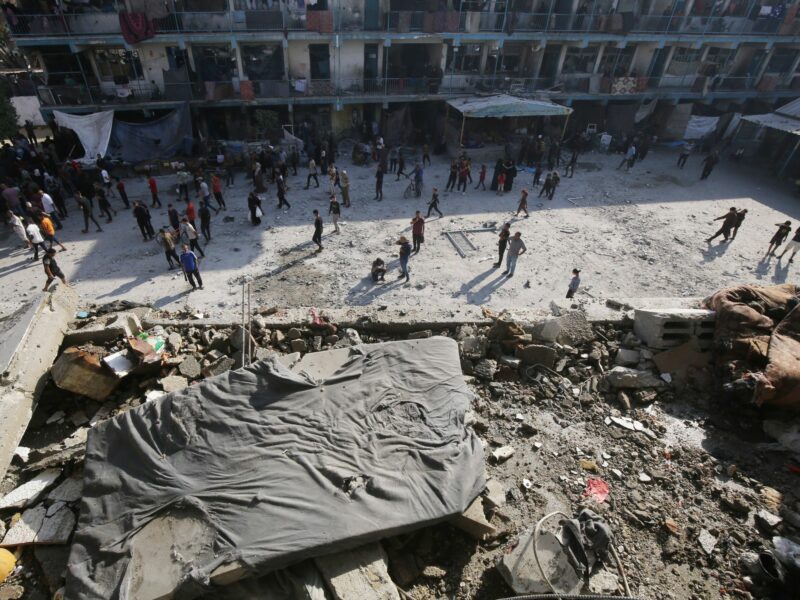 Photo of Palestinians inspecting the damaged school following an Israeli airstrike on a school for displaced persons belonging to the United Nations Relief and Works Agency for Palestine Refugees in the Near East (UNRWA) in Nuseirat refugee camp on June 06, 2024 in Gaza Strip (Credit Image: © Omar Ashtawy/APA Images via ZUMA Press Wire)