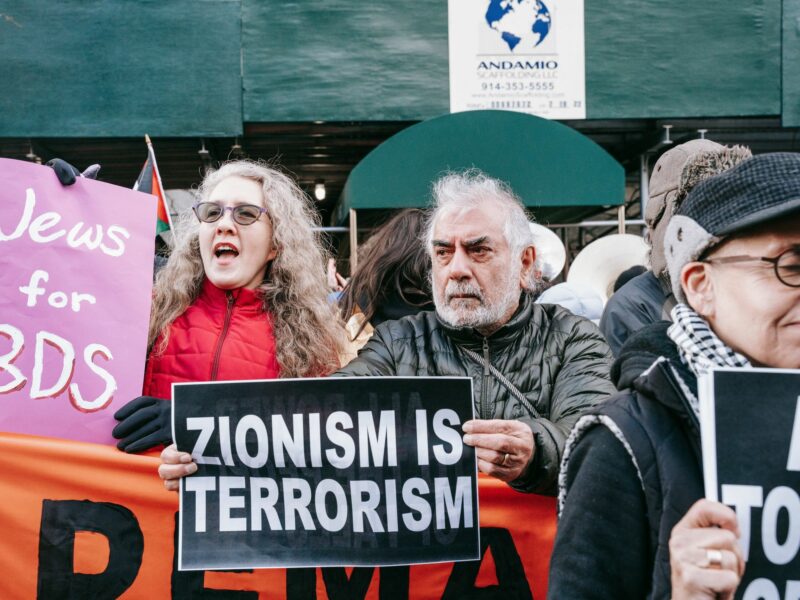 photo of people holding up anti-israel signs: zionism is terrorism