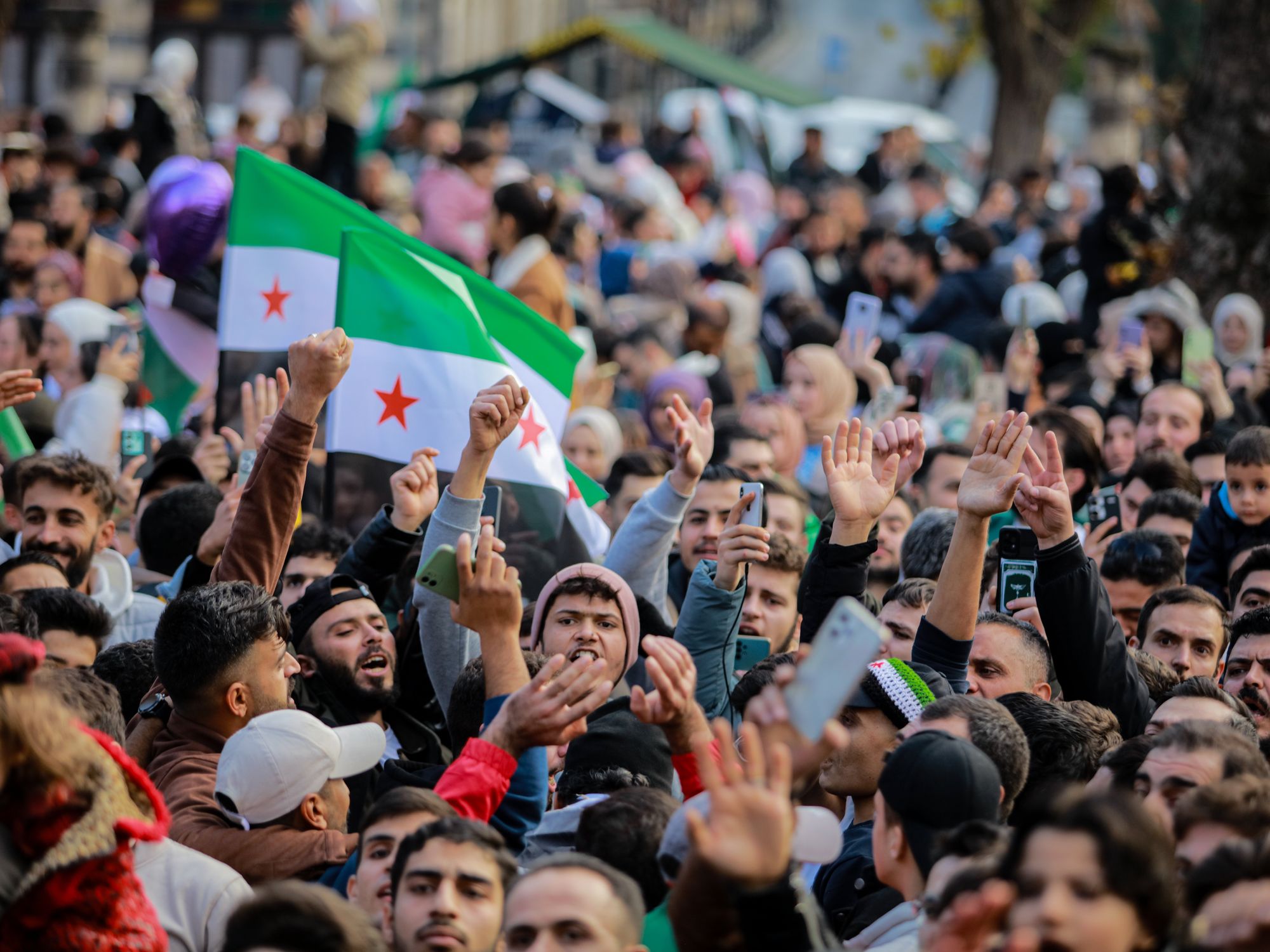 photo of people waving with syrian flags