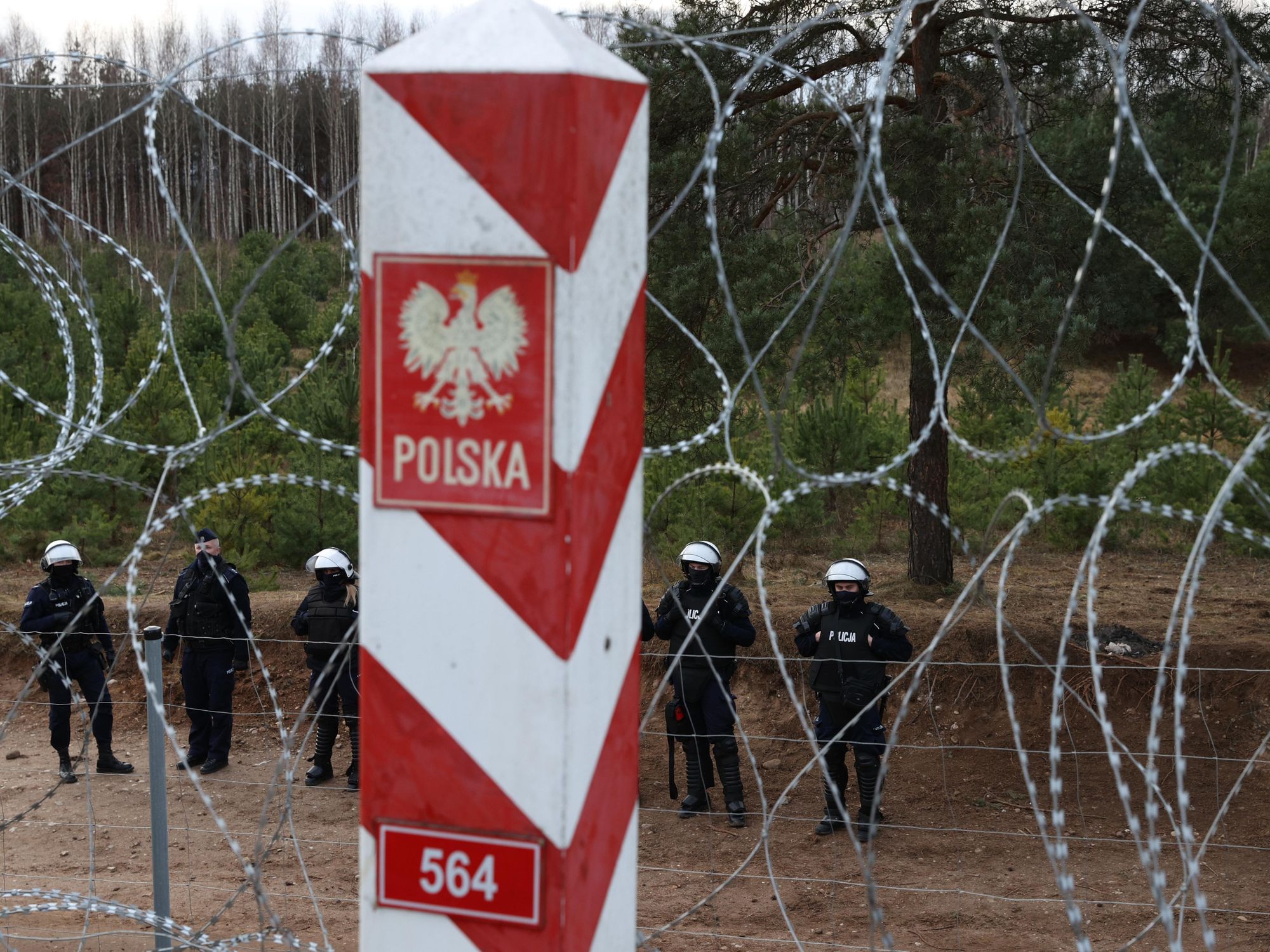 Photo of police forces standing behind barbed wire on the Poland-Belarus border.
