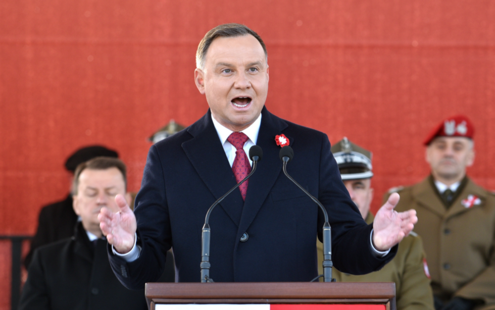 Photo of Polish President Andrzej Duda giving a speech in Warsaw on Nov. 11