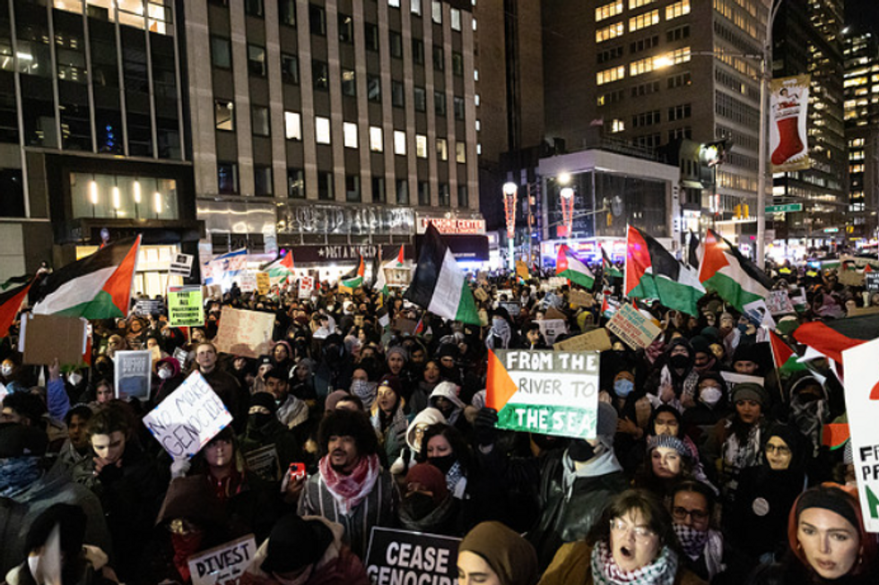 Photo of Pro-Palestine protestors rally outside the Fox News building in New York on Nov. 29.