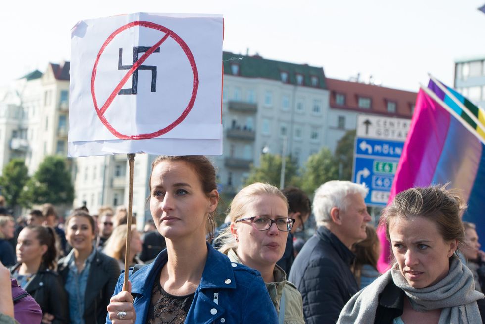 Photo of protesters denouncing nazism and antisemitism marching through central Gothenburg, Sweden, on Sept. 30, 2017.
