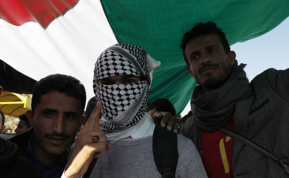 Photo of protesters taking part in a demonstration in solidarity with Gaza, at Sanaa's university on Jan. 10