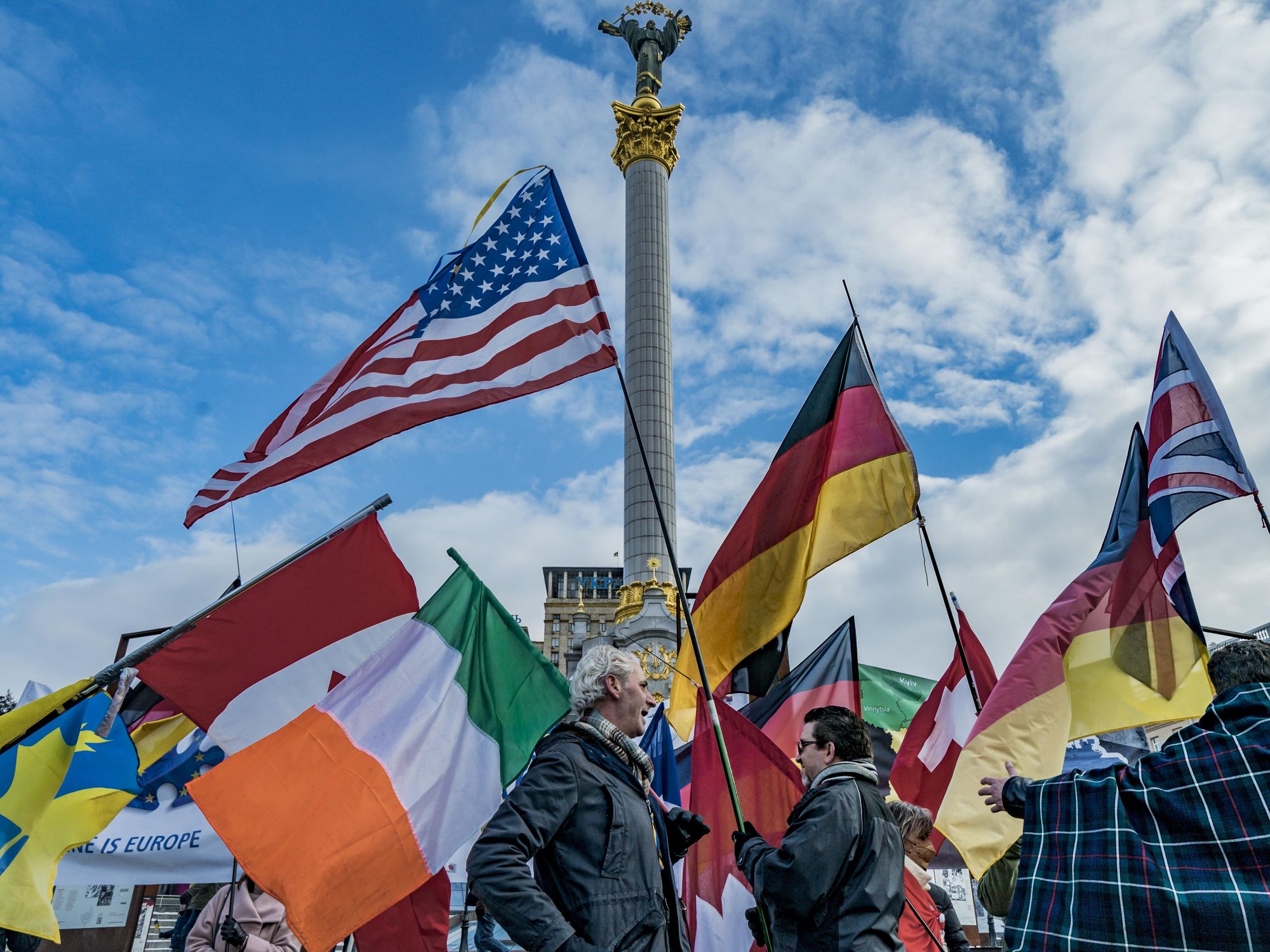 Photo of protesters waving international flags in Kiev on Feb. 6