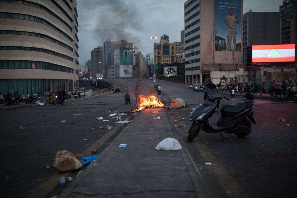 Photo of riots and a fire in the streets of Beirut in the wake of anti-government protests in October 2019