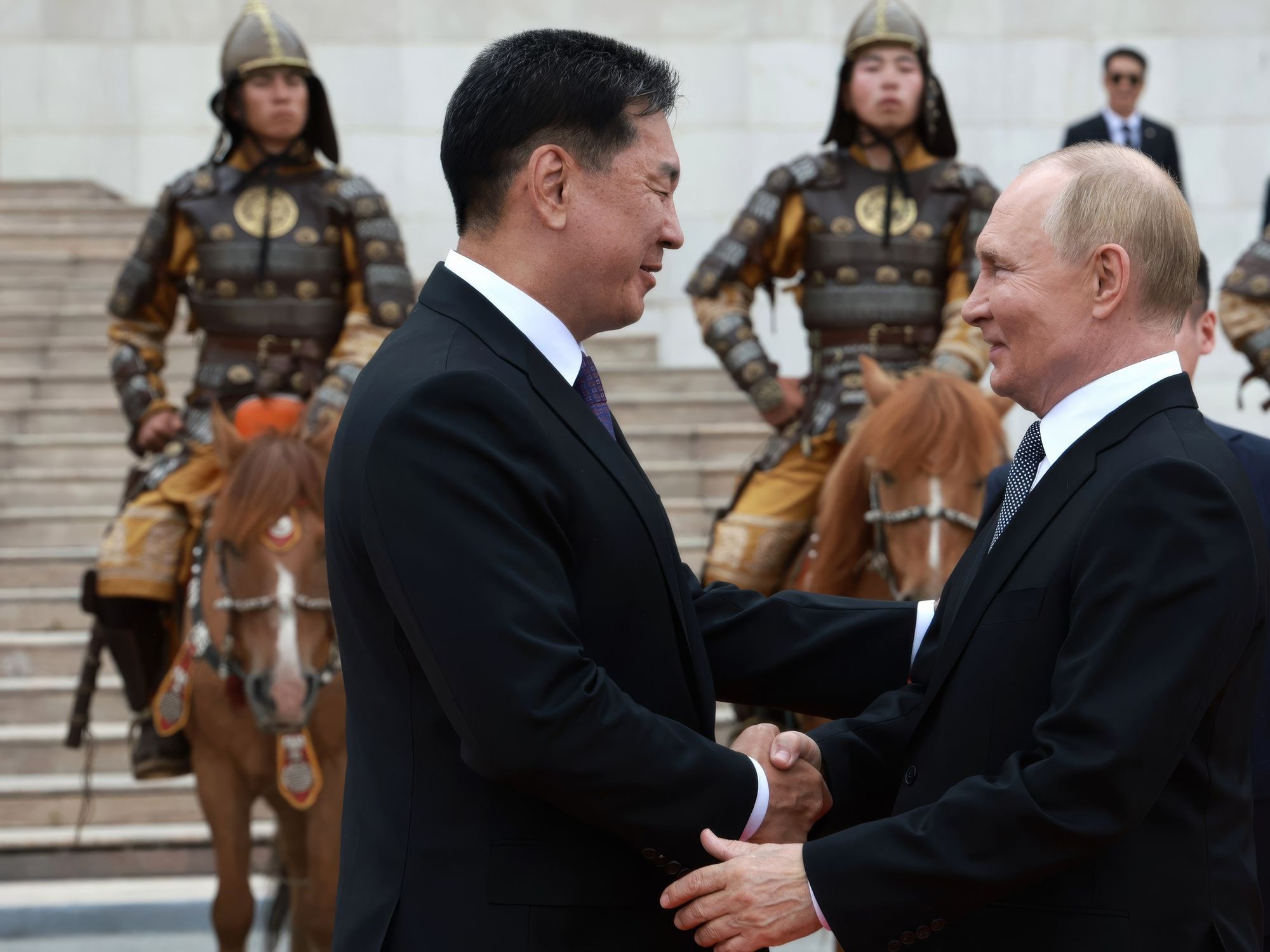 Photo of Russian President Vladimir Putin and President Ukhnaagiin Khurelsukh in Mongolia