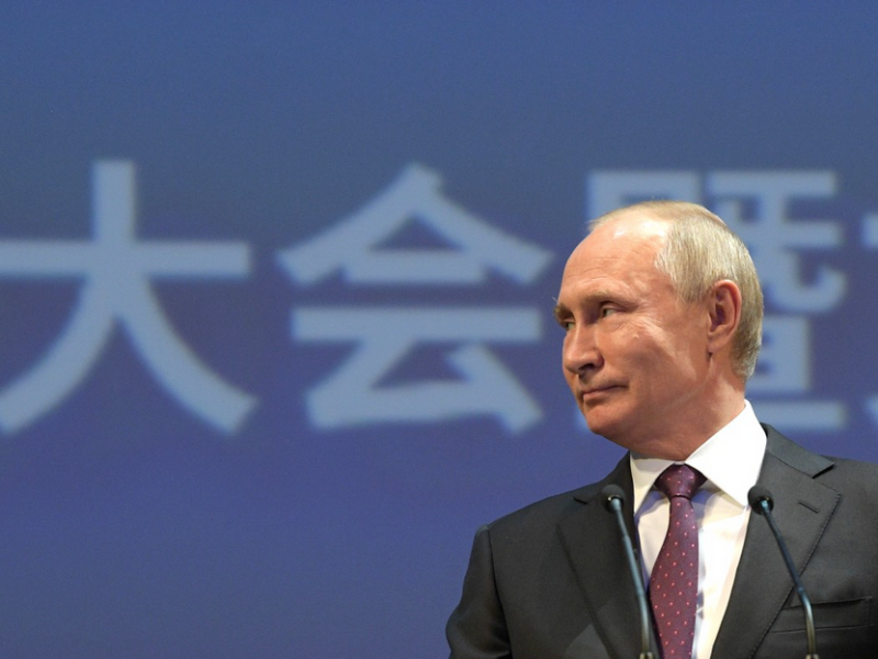 Photo of Russian President Vladimir Putin at a 2019 gala celebrating diplomatic relations between Russia and China