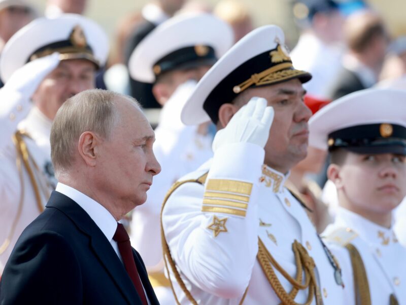 Photo of Russian President Vladimir Putin attending a naval parade near St Petersburg, in July 2024
