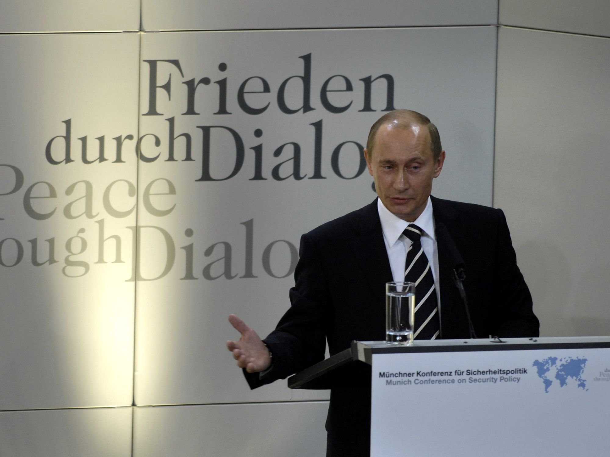 Photo of Russian President Vladimir Putin giving a speech at the 43rd Annual Conference on Security Policy in Munich on Feb. 10, 2007.
